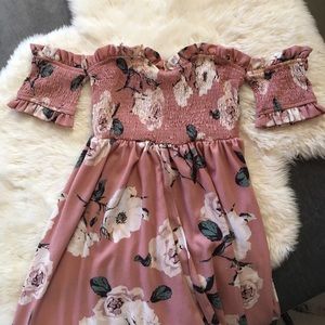 Off the shoulder pink floral maxi dress